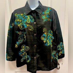 Floral Embroidered Black shirt silk/poly blend M